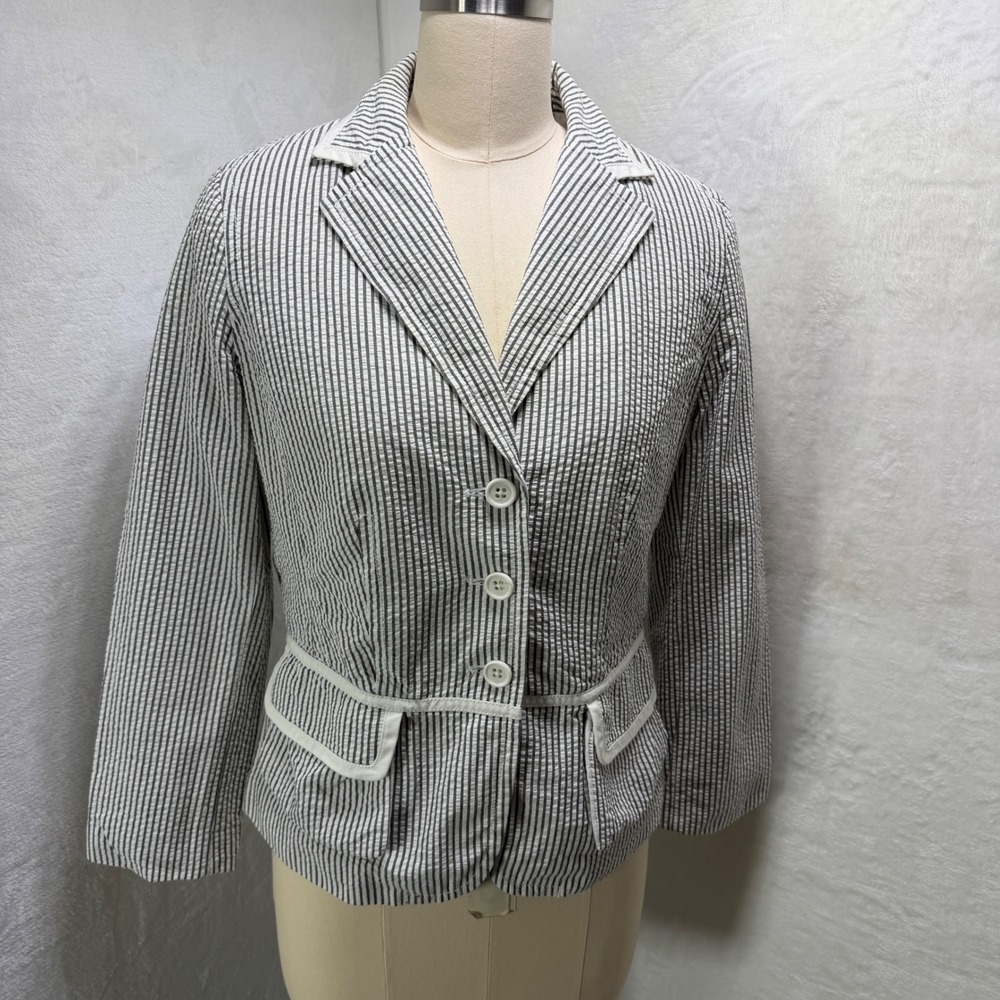 Liz Claiborne Womens 10P Black White Seersucker Striped Blazer Jacket‎ Petite
